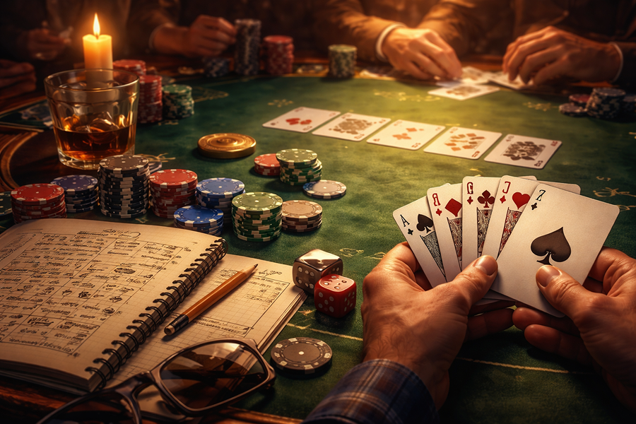 Mains jouant avec cartes, dés et jetons — mécaniques de jeu